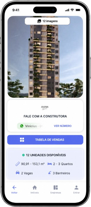 Tela do aplicativo da Blow mostrando a página de um empreendimento